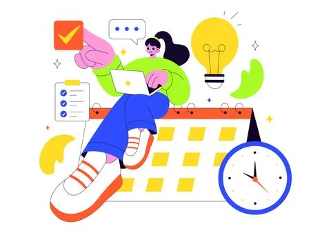 Vector Illustration Of Time Management With Clock Settings, Task Planning, .. 스톡 일러스트