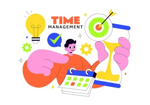 Vector Illustration Of Time Management With Clock Settings, Task Planning, .. 스톡 일러스트