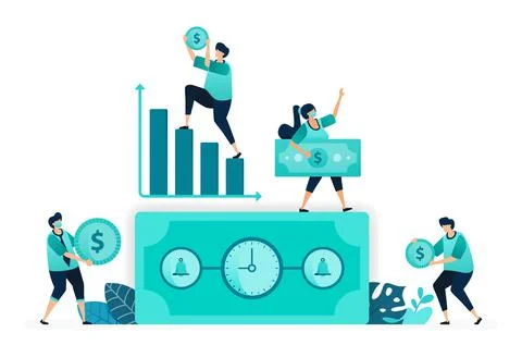 Vector illustration of Time is money with clock. bell on dollar bill. increas Stock Illustration