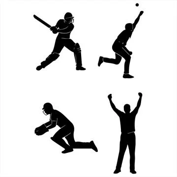 Vector illustration titled "Cricket Action Silhouettes" Stock Illustration