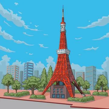Vector illustration of Tokyo Tower landmark and city skyline under blue sky Stock Illustration