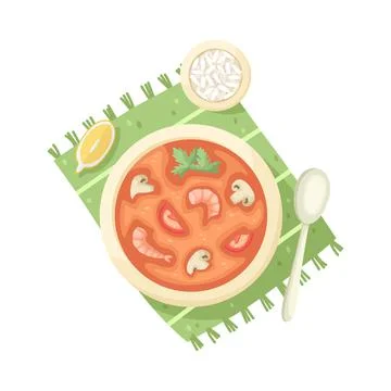 Vector illustration of tom yam soup plate. Asian cuisine. Stock Illustration