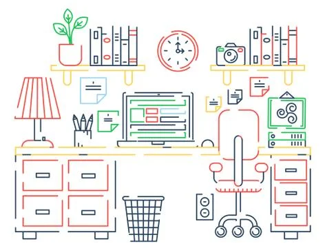 Vector illustration of torn line table with computer. Color outline dash style. 스톡 일러스트