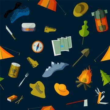 Vector illustration with tourism elements: tents, map, Swiss knife, hatchet, Illustrazione stock