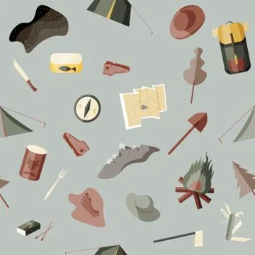 Vector illustration with tourism elements: tents, map, Swiss knife, hatchet, Illustrazione stock