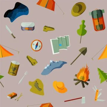 Vector illustration with tourism elements: tents, map, Swiss knife, hatchet, Stock Illustration