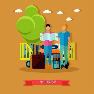 Vector illustration of tourists with baggage after arrival, flat style 스톡 일러스트