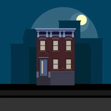 Vector illustration of townhouse in flat polygonal style. night cityscape Ilustración de archivo