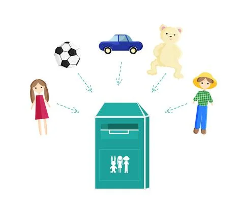 Vector Illustration of Toys Bin or Donation Container with Different Types Illustrazione stock