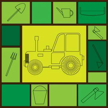 Vector illustration tractor painted with outline black lines on a yellow back Stock Illustration