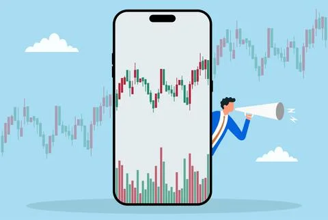 Vector illustration of a trader announcing stock market updates through a mobile Stock Illustration