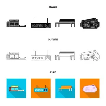 Vector illustration of train and station symbol. Set of train and ticket stock Stock Illustration