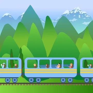 Vector illustration of a train journey through the green meadows of the Stock Illustration
