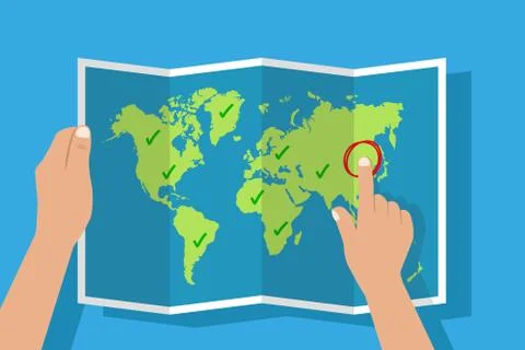 Vector illustration of travel plan concept - hands holding world map. Stock Illustration