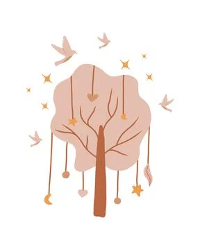 Vector illustration of tree and birds in the sky. Stock Illustration