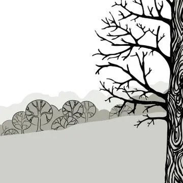 Vector illustration of a tree. Monochrome landscape Stock Illustration
