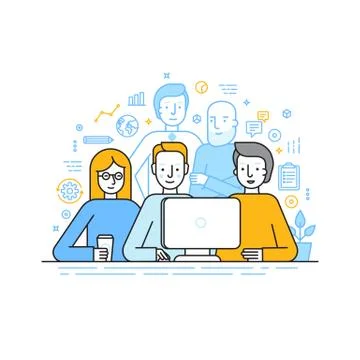Vector illustration in trendy flat linear style - creative team Stock Illustration