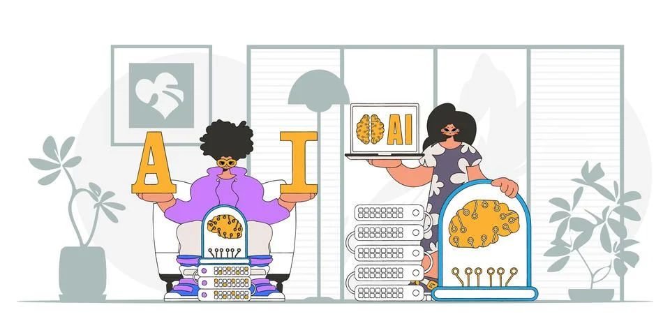 Vector illustration of trendy Guy and Girl AI team. Illustrazione stock
