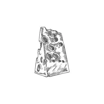 Vector illustration of a triangle piece of cheese with holes, monochrome hand Stock Illustration