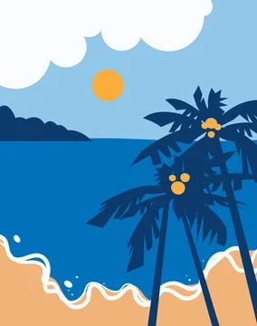 Vector illustration of tropical beach with palm trees and ocean view. Summe.. Stock Illustration
