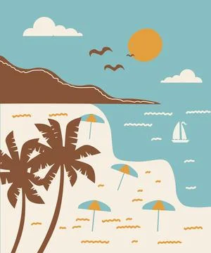 Vector illustration of tropical beach with palm trees, beach umbrellas, sai.. Stock Illustration