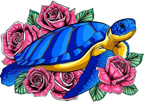 Vector illustration of turtle with roses on white background Stock Illustration