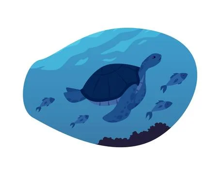 Vector illustration of a turtle swimming next to fish and corals in the depths Illustrazione stock