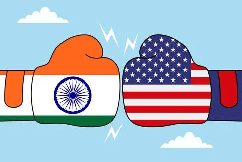 Vector illustration of two boxing gloves with USA and Indian flags clashing Stock Illustration