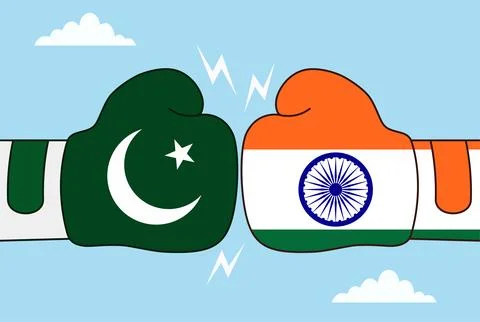Vector illustration of two boxing gloves with India and Pakistan flags clashing Stock Illustration