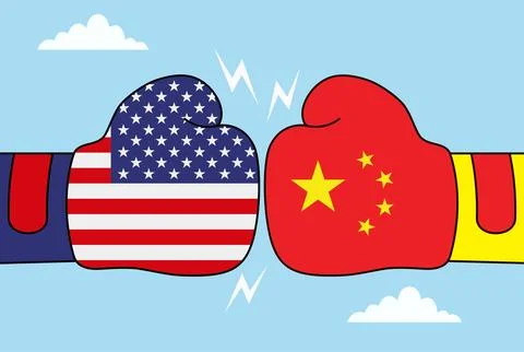 Vector illustration of two boxing gloves with USA and China flags clashing Stock-Illustration