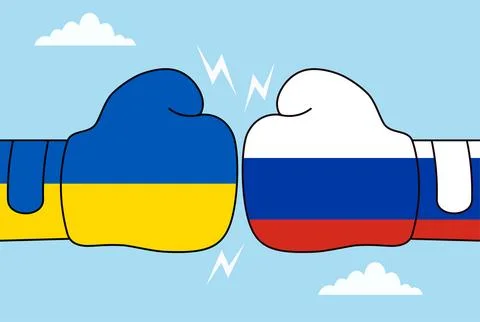Vector illustration of two boxing gloves with Ukrainian and Russian flags Stock Illustration