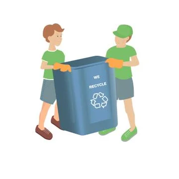 Vector illustration with two boys with empty recycling bin on a white backgro Stock Illustration