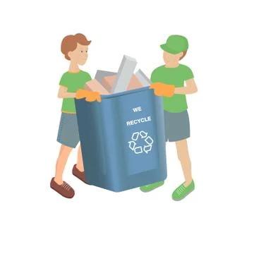 Vector illustration with two boys with full recycling bin on a white backgrou Illustrazione stock