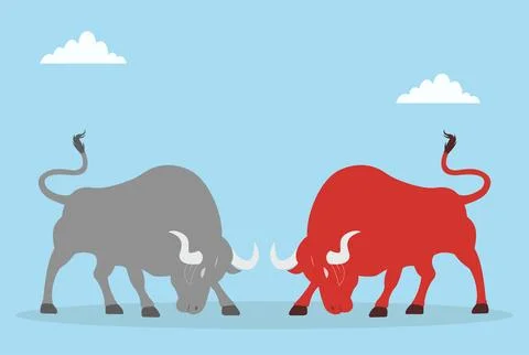 Vector illustration of two bulls fighting, representing rivalry, competition Stock Illustration
