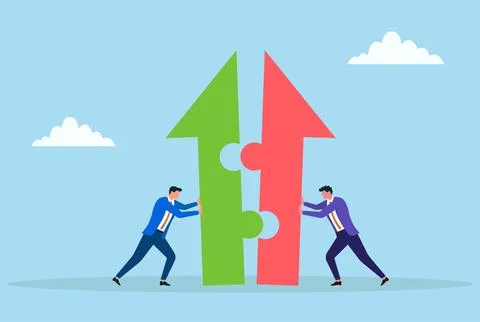 Vector illustration of two businessmen collaborating to connect puzzle arrow Stock Illustration