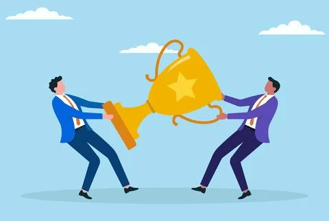 Vector illustration of two businessmen competing fiercely for a golden trophy Stock Illustration
