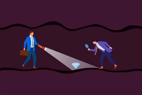 Vector illustration of two businessmen in a dark tunnel, using flashlights 스톡 일러스트