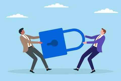 Vector illustration of two businessmen fighting for a large lock Stock Illustration