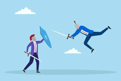 Vector illustration of two businessmen fighting with swords, one using a sheld Stock Illustration