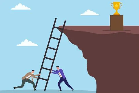 Vector illustration of two businessmen lifting up a ladder to reach a trophy Illustrazione stock