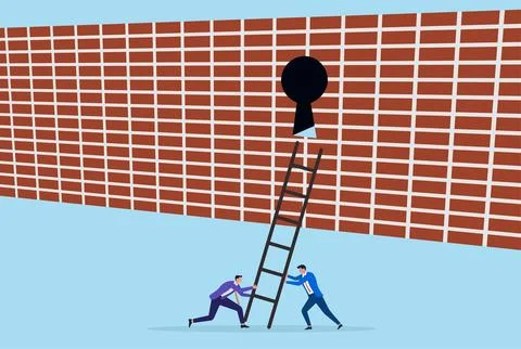 Vector illustration of two businessmen setting up a ladder to reach a keyhole Stock Illustration