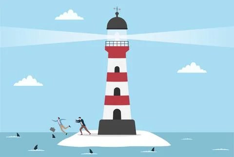 Vector illustration of two businessmen on a small island with a lighthouse Stock Illustration