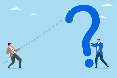 Vector illustration of two businessmen trying to move a big question mark Stock-Illustration