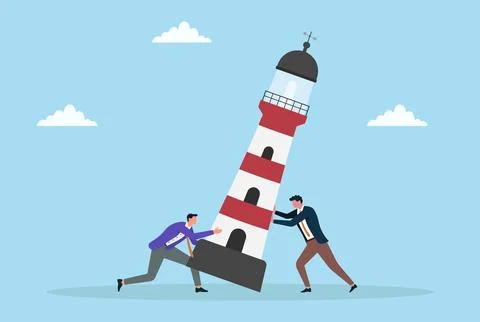 Vector illustration of two businessmen trying to stabilize a leaning lighthouse Illustrazione stock