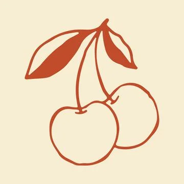 Vector illustration of two cherries joined by a single stem with a leaf. Hand Stock Illustration
