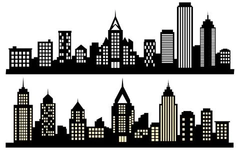 Vector illustration of two cityscapes featuring modern skyscrapers. Includes Stockillustratie