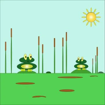 Vector illustration with two cute funny frogs sitting on tussocks in a pond,  스톡 일러스트