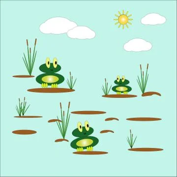 Vector illustration with two cute funny frogs sitting on tussocks in a pond,  Stock Photos