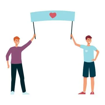 Vector illustration of two guys holding placard with heart symbol in flat style Stock-Illustration