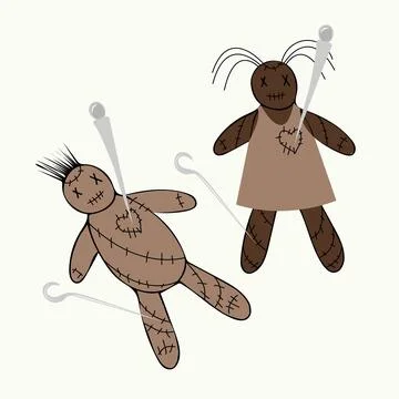 Vector illustration of two hand-drawn voodoo dolls that were pierced with pins Stock Illustration